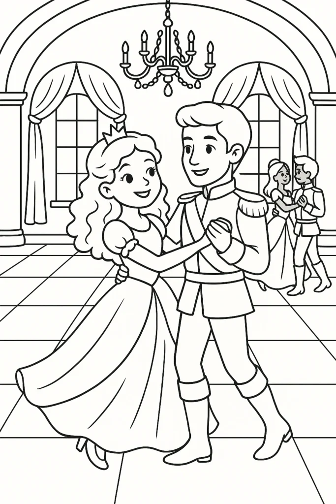 Princess and prince dancing coloring page